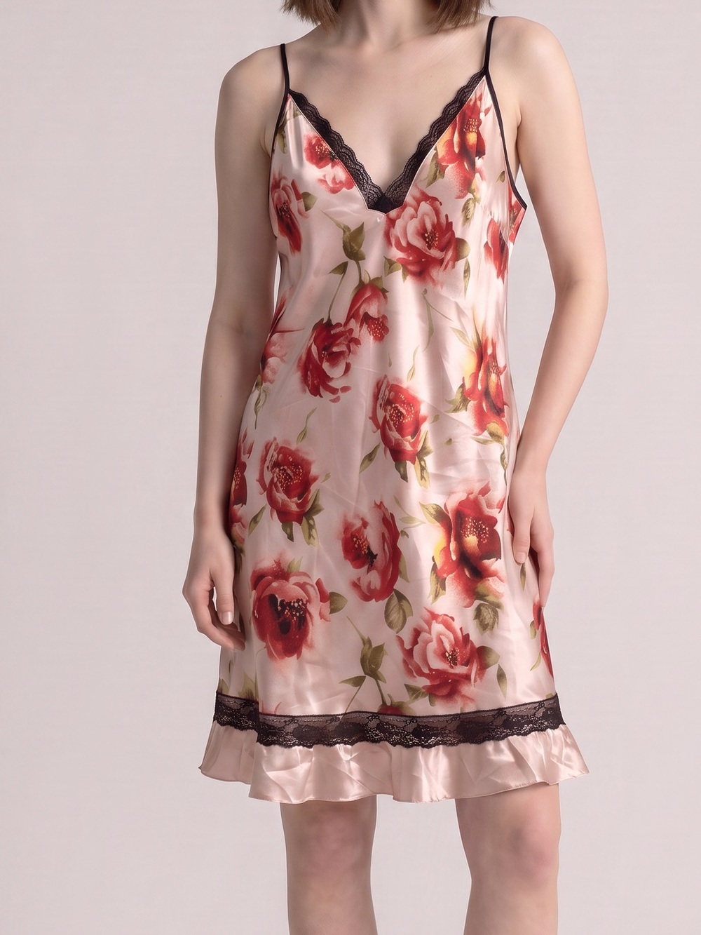 Valerie Stevens floral red roses pink Satin lace trim Coquette lingerie nightie